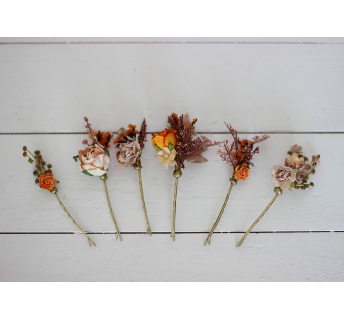  Set of 6 hair pins in rust orange beige color scheme. Hair accessories. Flower accessories for wedding.  5023 Autumn