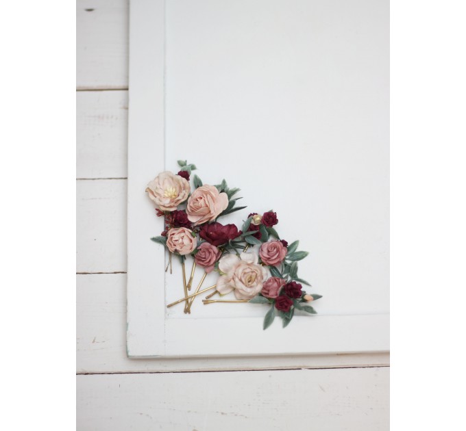 Set of hair pins in blush pink burgundy color scheme. Hair accessories. Flower accessories for wedding. 5028-anna