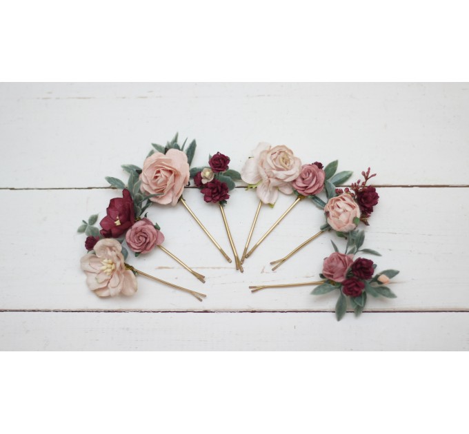 Set of hair pins in blush pink burgundy color scheme. Hair accessories. Flower accessories for wedding. 5028-anna