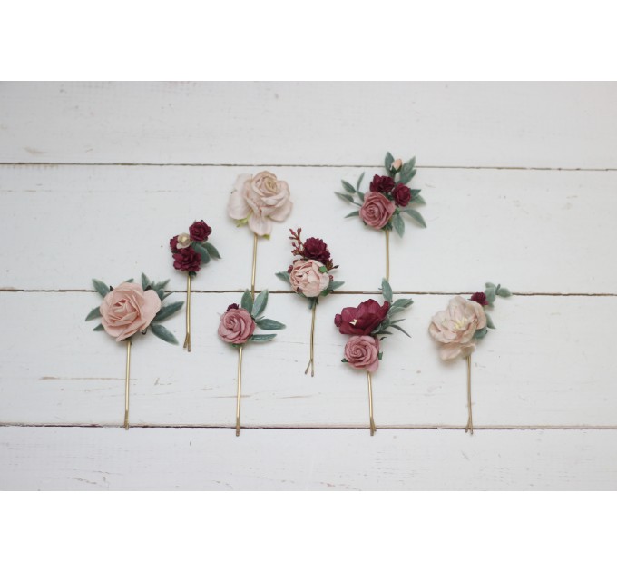 Set of hair pins in blush pink burgundy color scheme. Hair accessories. Flower accessories for wedding. 5028-anna