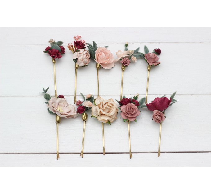 Set of hair pins in blush pink burgundy color scheme. Hair accessories. Flower accessories for wedding. 5028-anna