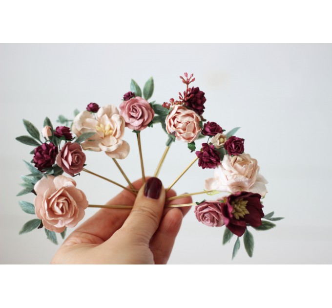  Set of hair pins in blush pink burgundy  color scheme. Hair accessories. Flower accessories for wedding.  5028-anna