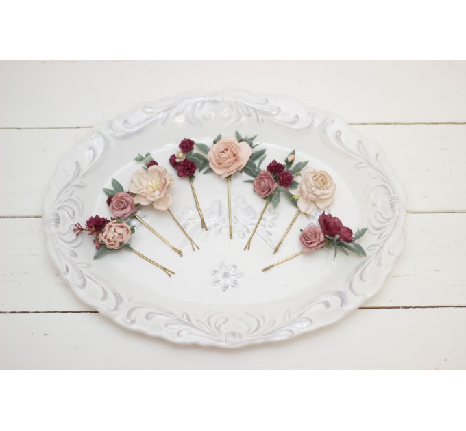 Set of hair pins in blush pink burgundy color scheme. Hair accessories. Flower accessories for wedding. 5028-anna