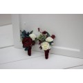 Wedding boutonniere and wrist corsage in burgundy navy blue white color scheme. Flower accessories. 5024