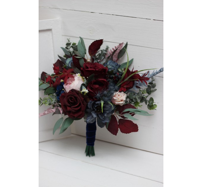 Wedding bouquets in burgundy navy blue blush pink colors. Bridal bouquet. Cascading bouquet. Faux bouquet. Bridesmaid bouquet. 5022-1