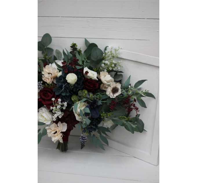 Wedding bouquets in burgundy navy blue cream colors. Bridal bouquet. Faux bouquet. Bridesmaid bouquet. 5024