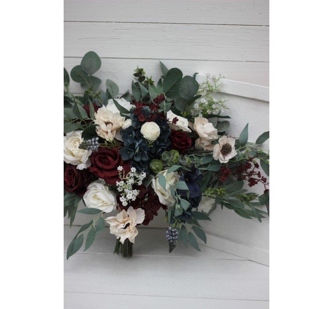 Wedding bouquets in burgundy navy blue cream colors. Bridal bouquet. Faux bouquet. Bridesmaid bouquet. 5024