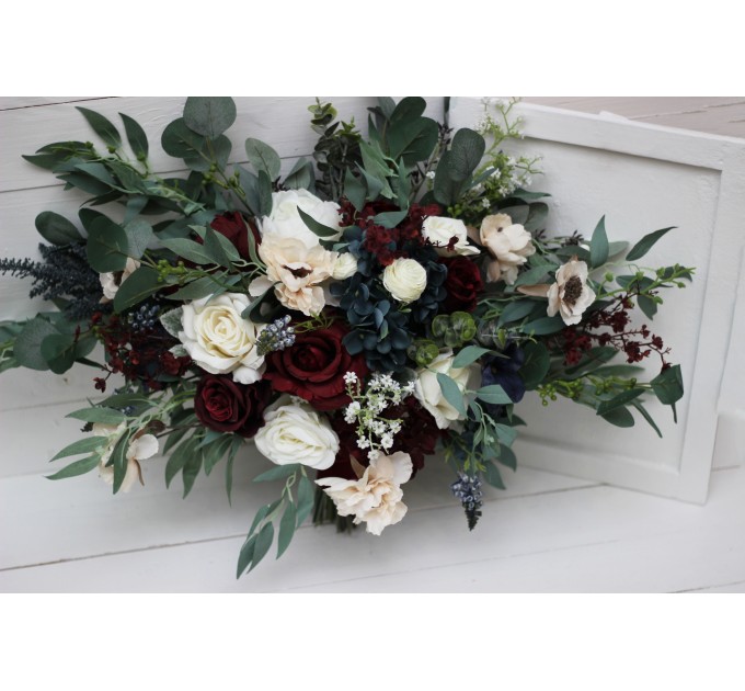 Wedding bouquets in burgundy navy blue cream colors. Bridal bouquet. Faux bouquet. Bridesmaid bouquet. 5024