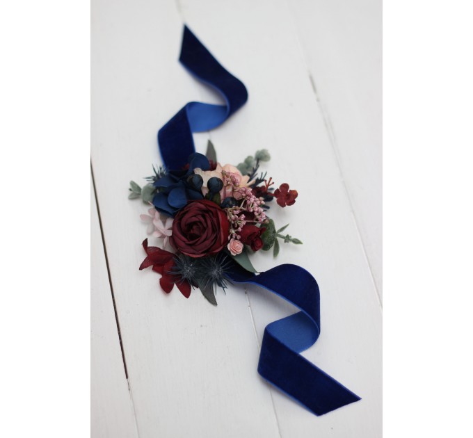 Wedding Boutonniers & Wrist Corsage in Burgundy, Navy Blue & Blush Pink | Faux Flower Accessories