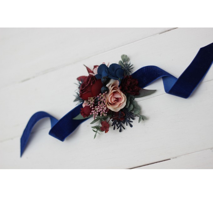 Wedding Boutonniers & Wrist Corsage in Burgundy, Navy Blue & Blush Pink | Faux Flower Accessories