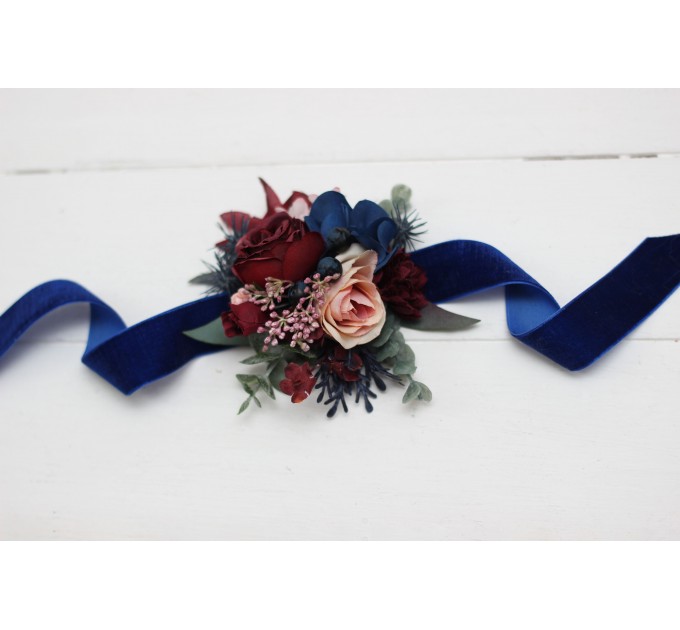 Wedding Boutonniers & Wrist Corsage in Burgundy, Navy Blue & Blush Pink | Faux Flower Accessories