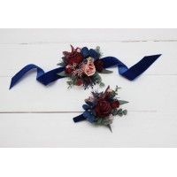  Wedding boutonnieres and wrist corsage  in burgundy navy blue blush pink color scheme. Flower accessories. 5022-1