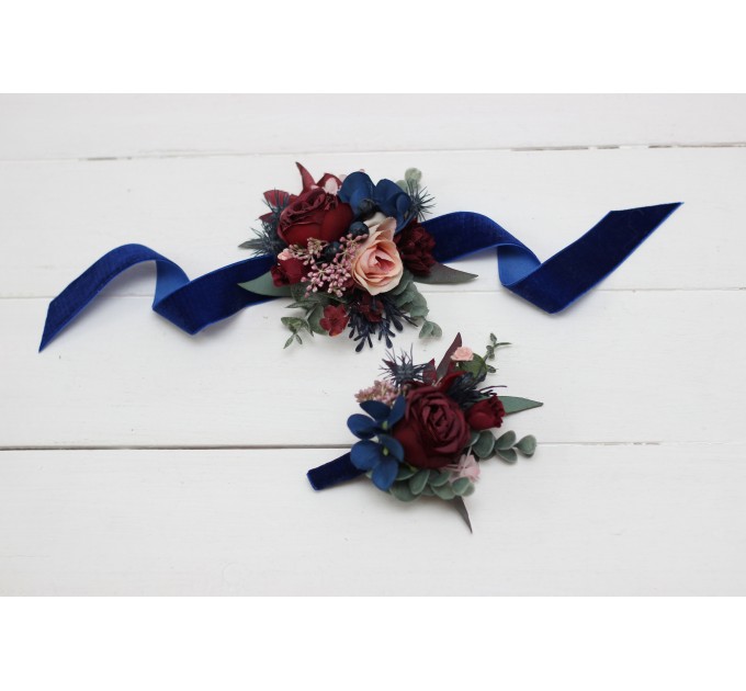 Wedding Boutonniers & Wrist Corsage in Burgundy, Navy Blue & Blush Pink | Faux Flower Accessories