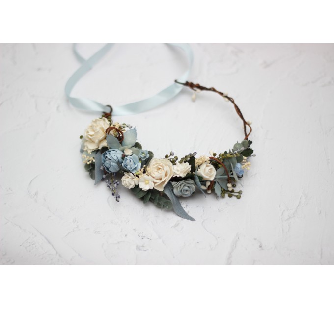 Dusty blue white flower crown. Hair wreath. Flower girl crown. Wedding flowers.5031