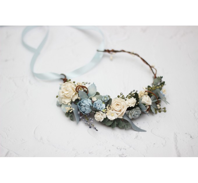 Dusty blue white  flower crown. Hair wreath. Flower girl crown. Wedding flowers.5031