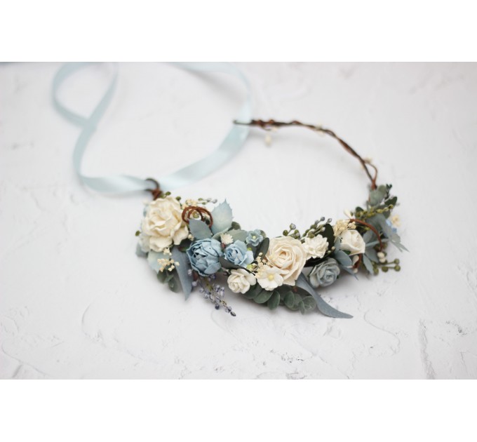 Dusty blue white flower crown. Hair wreath. Flower girl crown. Wedding flowers.5031