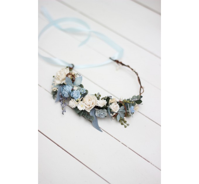 Dusty blue white flower crown. Hair wreath. Flower girl crown. Wedding flowers.5031