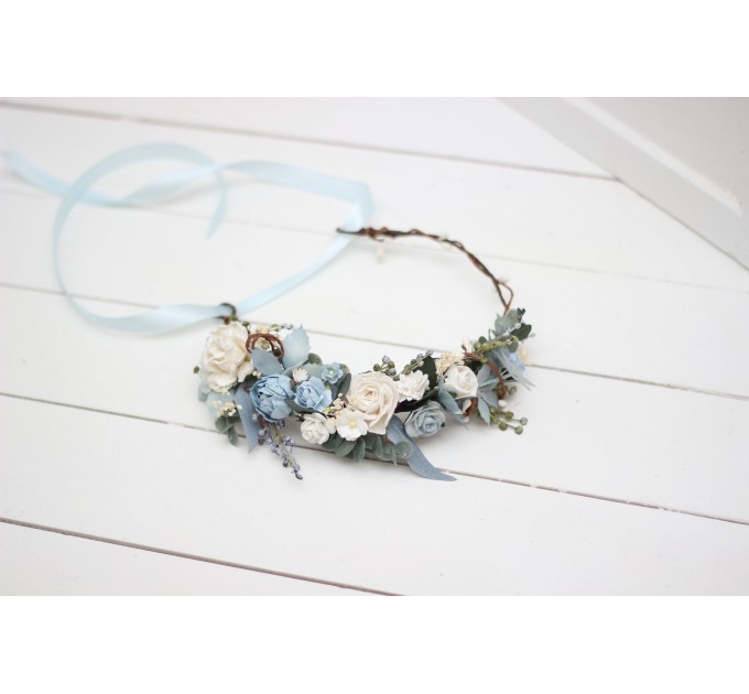 Dusty blue white flower crown. Hair wreath. Flower girl crown. Wedding flowers.5031