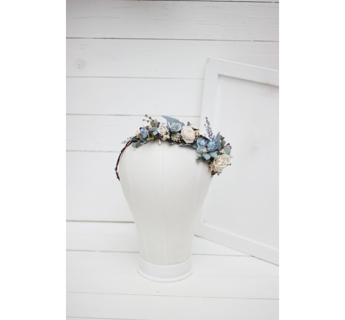 Dusty blue white  flower crown. Hair wreath. Flower girl crown. Wedding flowers.5031