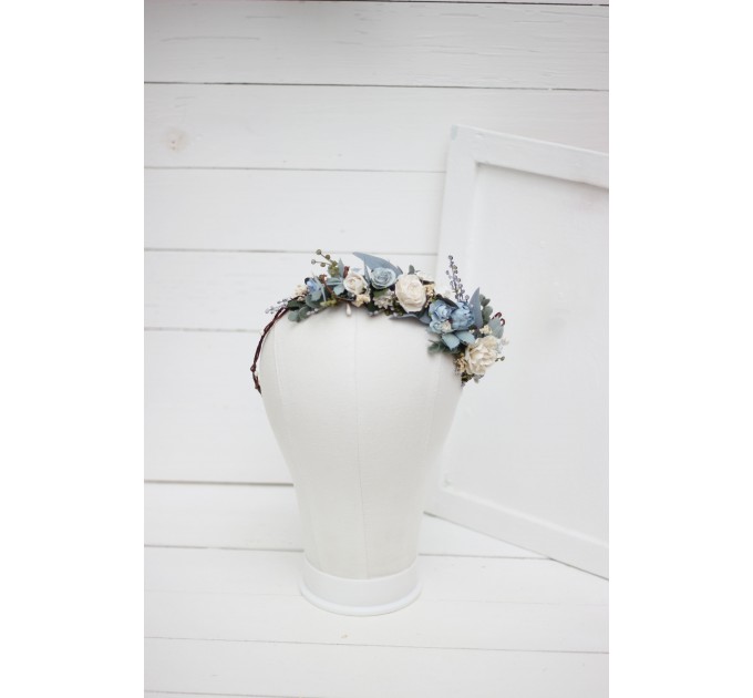 Dusty blue white flower crown. Hair wreath. Flower girl crown. Wedding flowers.5031