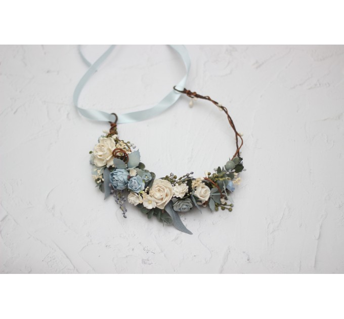 Dusty blue white flower crown. Hair wreath. Flower girl crown. Wedding flowers.5031