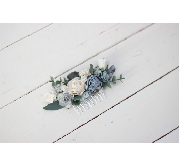 Flower comb in dusty blue white color scheme. Wedding accessories for hair. Bridal flower comb. Bridesmaid floral comb. 5031