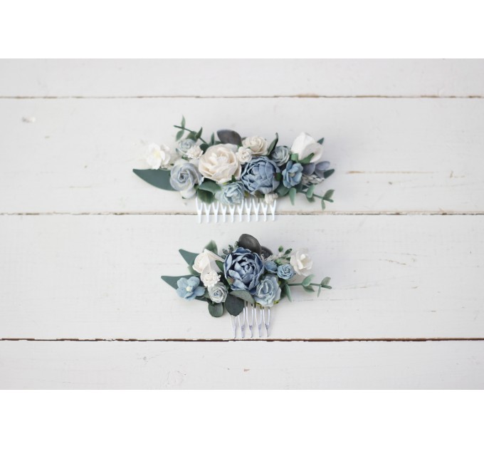 Flower comb in dusty blue white color scheme. Wedding accessories for hair. Bridal flower comb. Bridesmaid floral comb. 5031