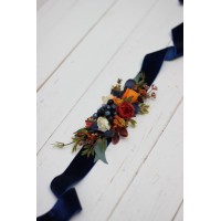 Navy blue ivory burnt orange flower belt for fall wedding Floral sash Bridal belt Flower girl belt. 5029