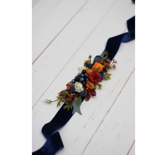 Navy blue ivory burnt orange flower belt for fall wedding Floral sash Bridal belt Flower girl belt. 5029