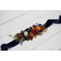 Navy blue ivory burnt orange flower belt for fall wedding Floral sash Bridal belt Flower girl belt. 5029