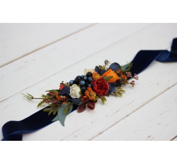Navy blue ivory burnt orange flower belt for fall wedding Floral sash Bridal belt Flower girl belt. 5029