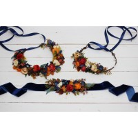 Navy blue ivory burnt orange flower belt for fall wedding Floral sash Bridal belt Flower girl belt. 5029