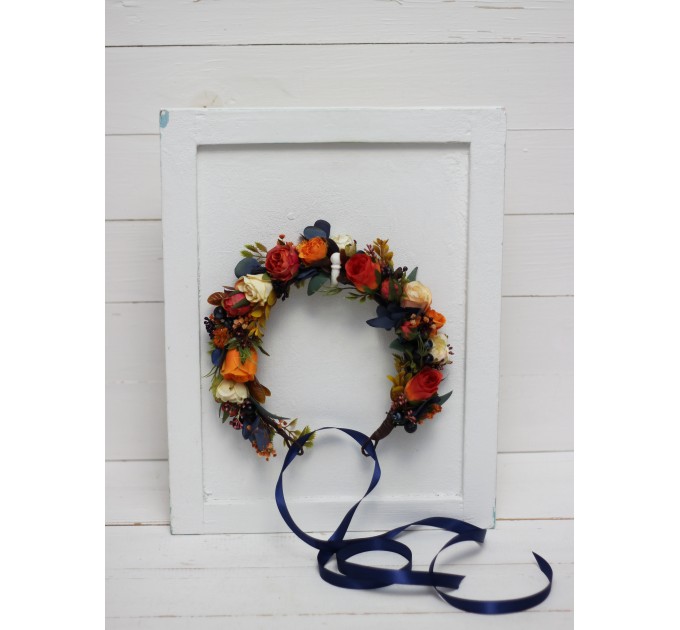 Navy blue ivory burnt orange flower crown. Hair wreath. Flower girl crown. Wedding flowers. 5029