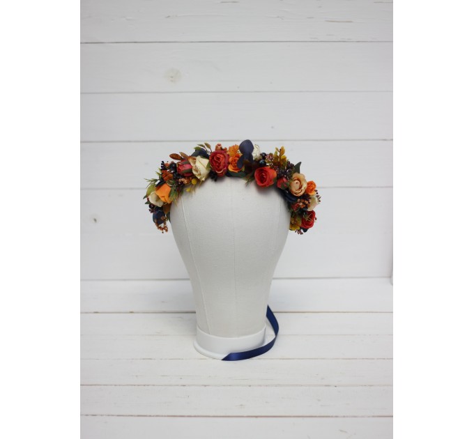 Navy blue ivory burnt orange flower crown. Hair wreath. Flower girl crown. Wedding flowers. 5029