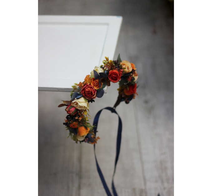 Navy blue ivory burnt orange flower crown. Hair wreath. Flower girl crown. Wedding flowers. 5029