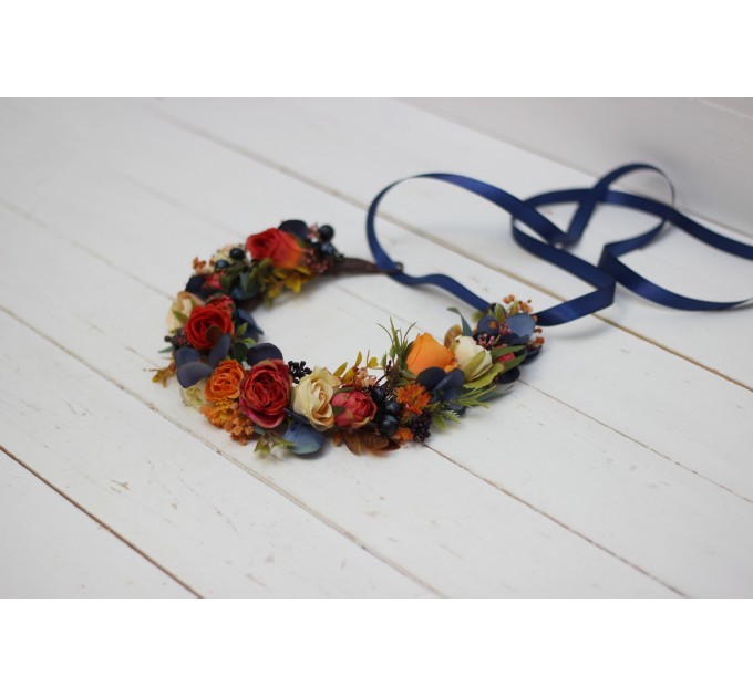 Navy blue ivory burnt orange flower crown. Hair wreath. Flower girl crown. Wedding flowers. 5029