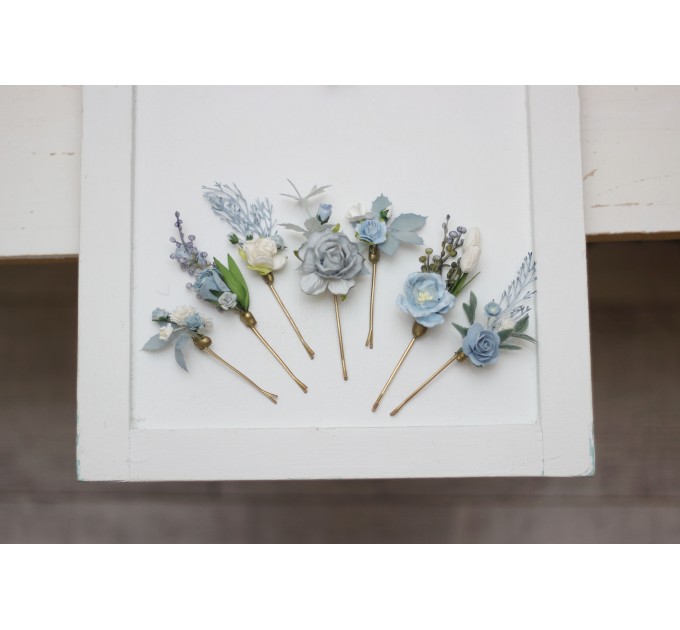  Set of 7 hair pins in dusty blue color scheme. Hair accessories. Flower accessories for wedding.  5033