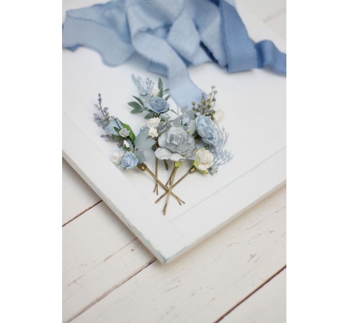  Set of 7 hair pins in dusty blue color scheme. Hair accessories. Flower accessories for wedding.  5033
