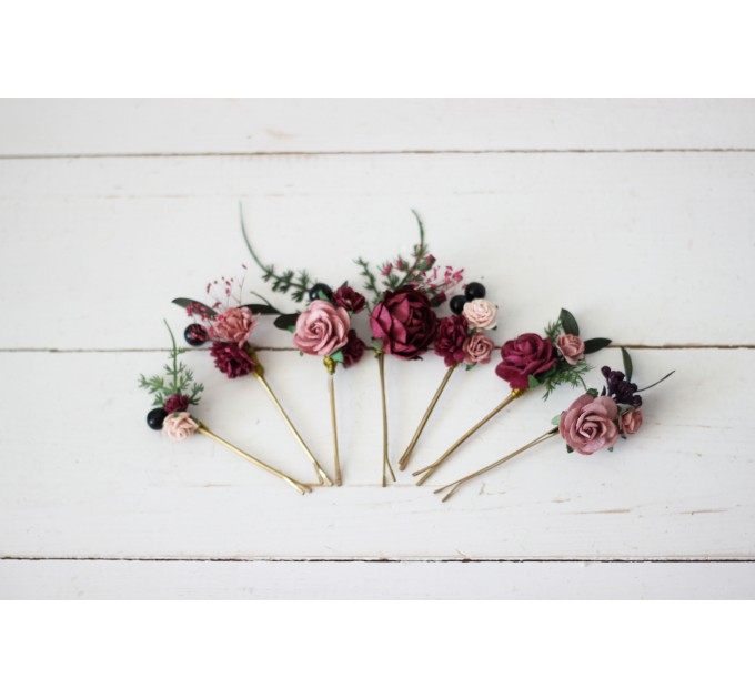  Set of 8 hair pins in burgundy dusty rose black color scheme. Hair accessories. Flower accessories for wedding.  MONA