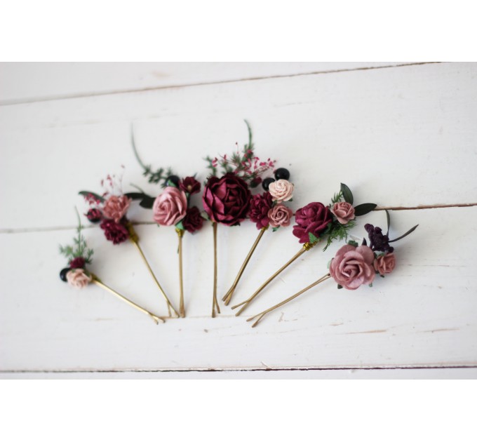  Set of 8 hair pins in burgundy dusty rose black color scheme. Hair accessories. Flower accessories for wedding.  MONA
