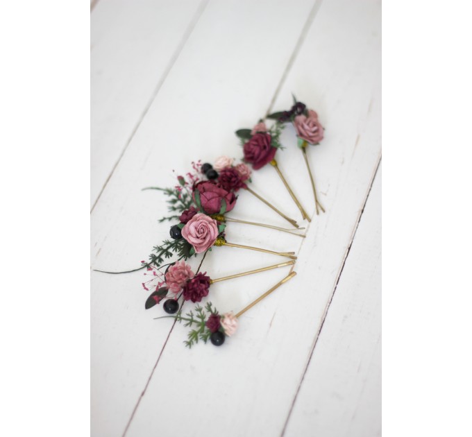  Set of 8 hair pins in burgundy dusty rose black color scheme. Hair accessories. Flower accessories for wedding.  MONA