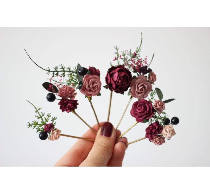  Set of 8 hair pins in burgundy dusty rose black color scheme. Hair accessories. Flower accessories for wedding.  MONA