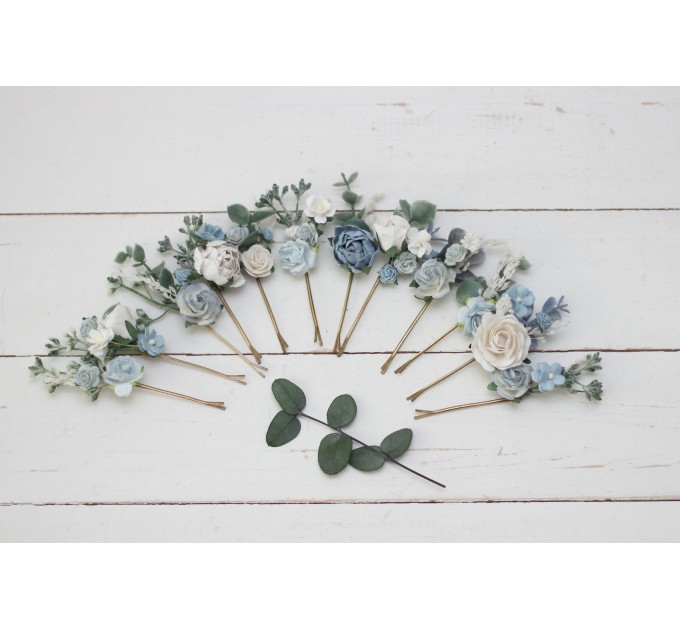  Set of hair pins in dusty blue white color scheme. Hair accessories. Flower accessories for wedding.  5031