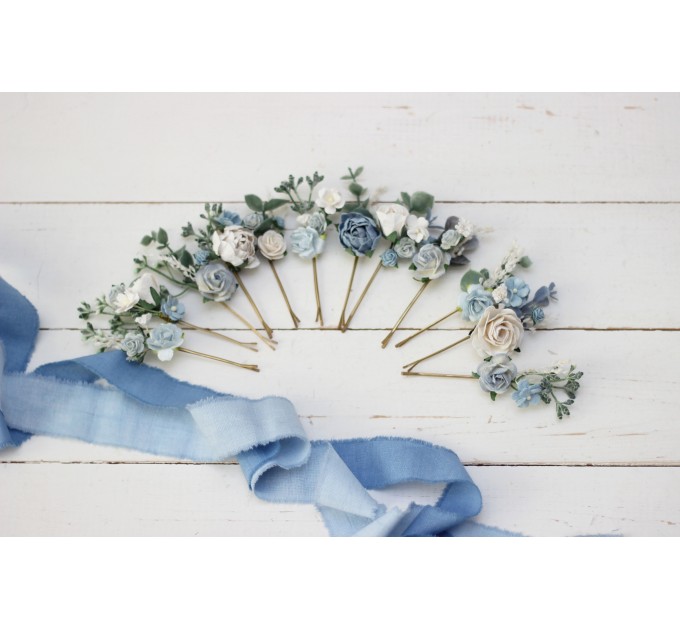  Set of hair pins in dusty blue white color scheme. Hair accessories. Flower accessories for wedding.  5031