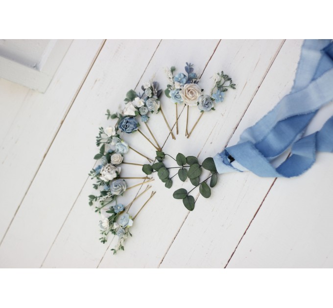  Set of hair pins in dusty blue white color scheme. Hair accessories. Flower accessories for wedding.  5031