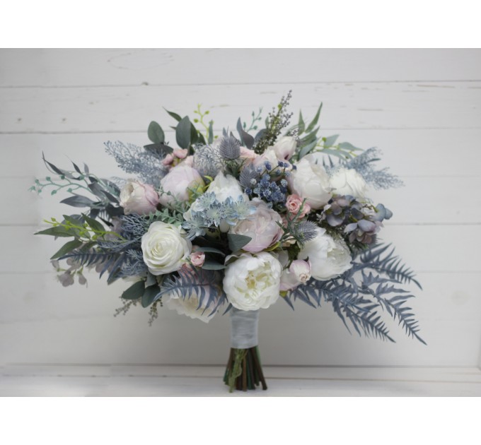 Wedding bouquets in dusty blue pink white colors. Bridal bouquet. Cascading bouquet. Faux bouquet. Bridesmaid bouquet. 5032