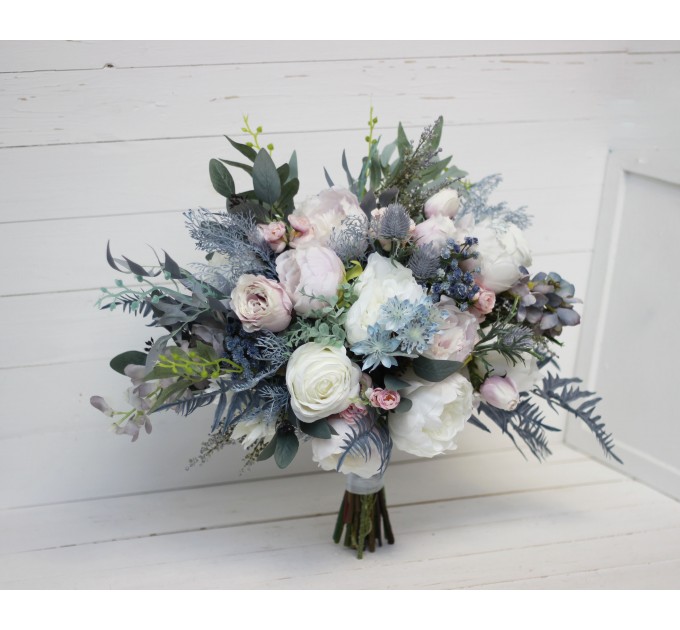 Wedding bouquets in dusty blue pink white colors. Bridal bouquet. Cascading bouquet. Faux bouquet. Bridesmaid bouquet. 5032