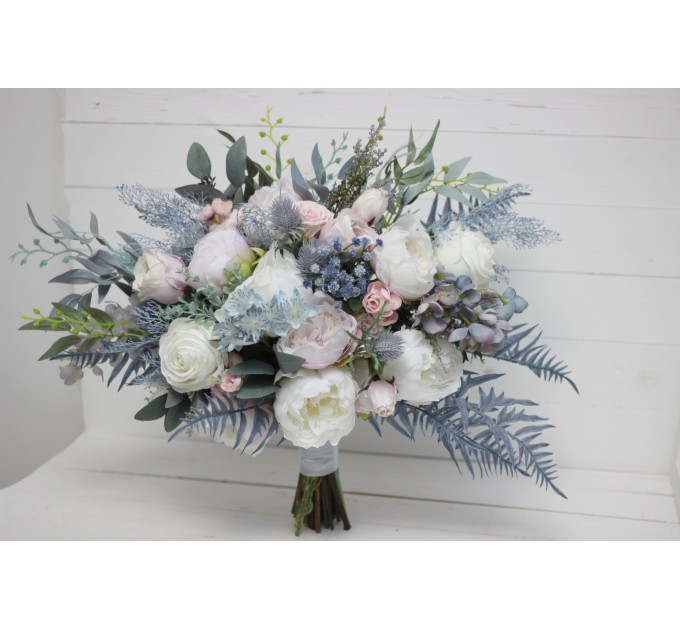Wedding bouquets in dusty blue pink white colors. Bridal bouquet. Cascading bouquet. Faux bouquet. Bridesmaid bouquet. 5032
