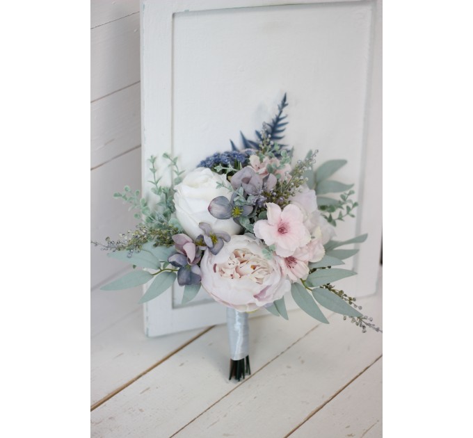 Wedding bouquets in dusty blue pink white colors. Bridal bouquet. Cascading bouquet. Faux bouquet. Bridesmaid bouquet. 5032