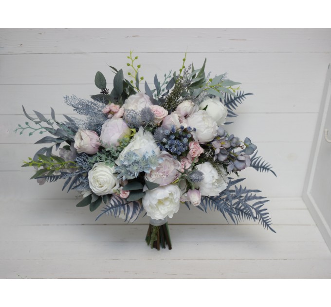 Wedding bouquets in dusty blue pink white colors. Bridal bouquet. Cascading bouquet. Faux bouquet. Bridesmaid bouquet. 5032